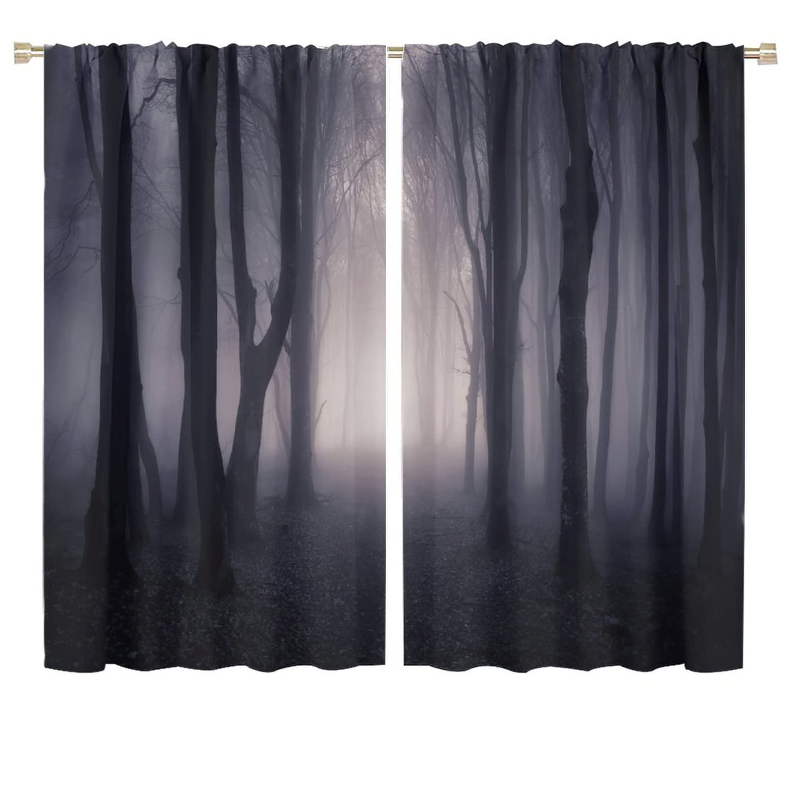 Misty Forest Window Curtains,Trees Heavy Foggy Nature Landscape Abstract Gothic Dark Gray Art Room Darkening Thermal Insulated Window Curtain 2 Panels for Living Room Bedroom Decor W72xL63in