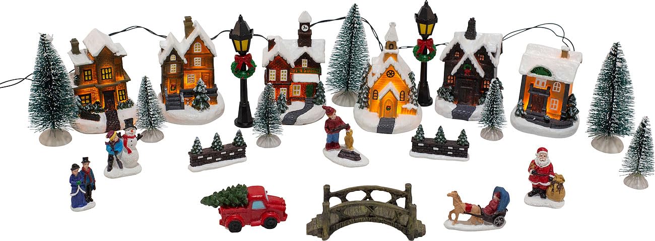infactory Weihnachtsdeko: 25-teiliges Deko-Weihnachtsdorf mit 6 LEDs, Batteriebetrieb (Winterdorf, komplettes Weihnachtsdorf, Set)