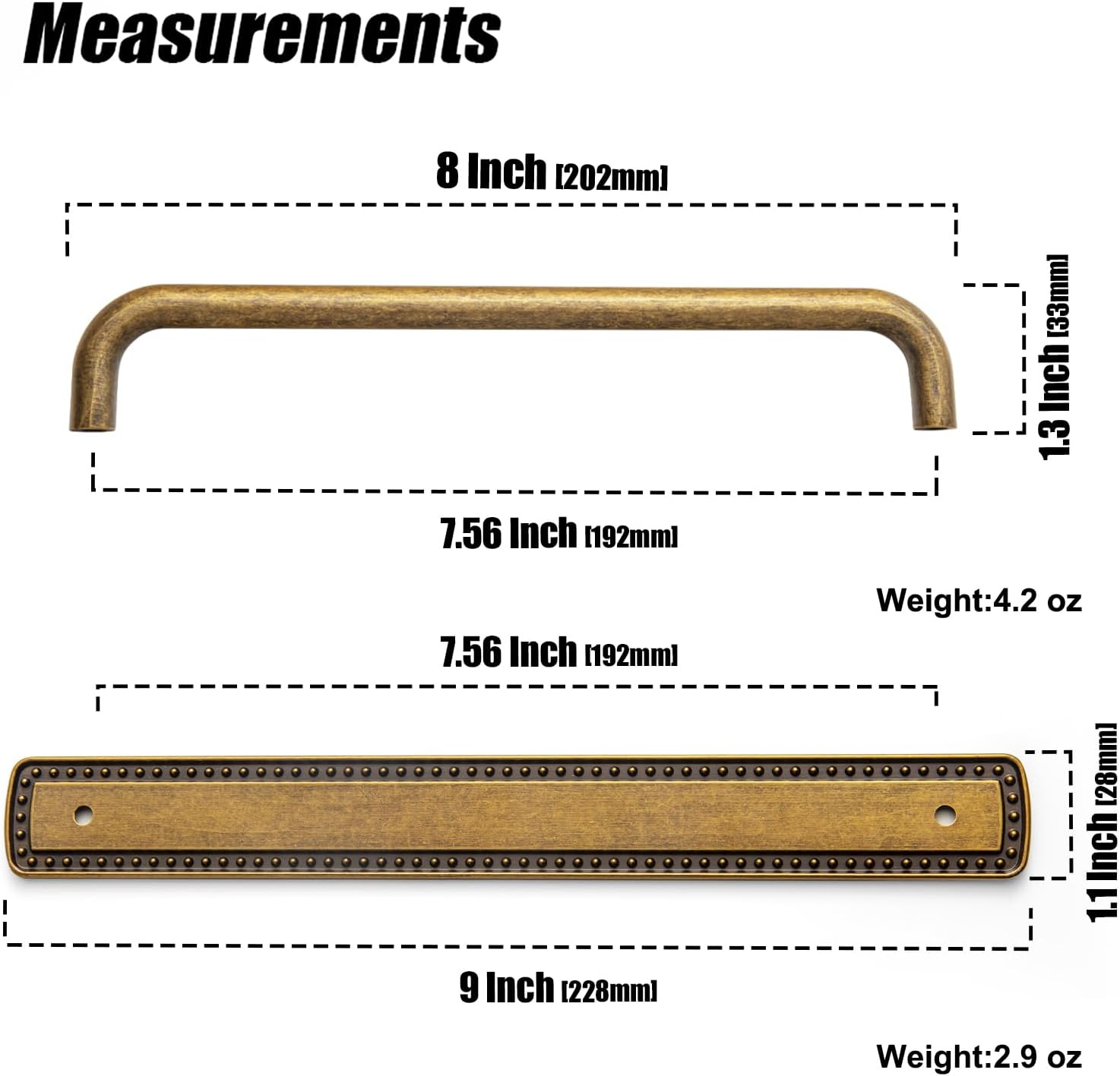 2 Pack Antique Brass Cabinet Pulls with Backplate, Solid Zinc Alloy 7.6'' Hole Centers Drawer Handles, Vintage Style Hardware for Bedroom, Kitchen Cupboard