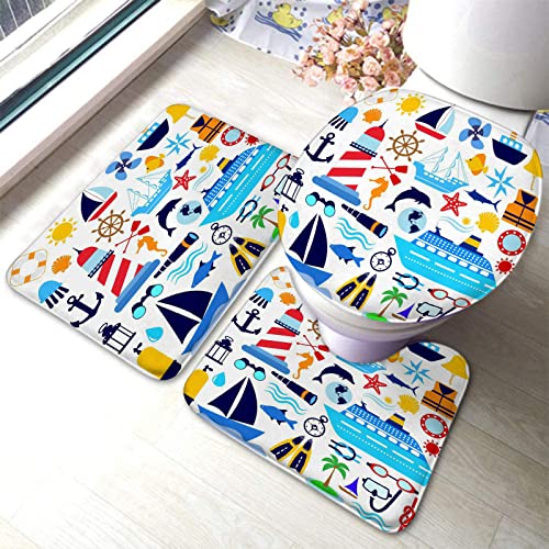 Set 3 Teilig Badvorleger Boot, Reise, Schiff, Kreuzfahrt, Yacht, Seemann, Leuchtturm rutschfeste...