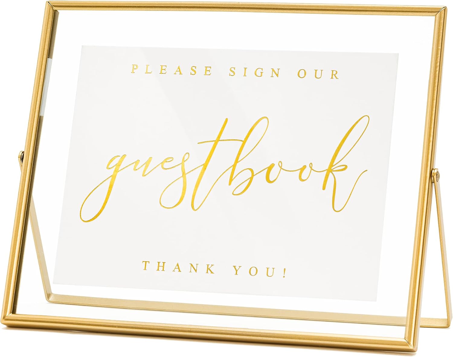 Calculs Please Sign our Guestbook Sign, Gold 10x8 Floating Picture Frame | Double glass metal frame, fits 8x6 insert, wedding guest book station, reusable tabletop frame for signs and photos