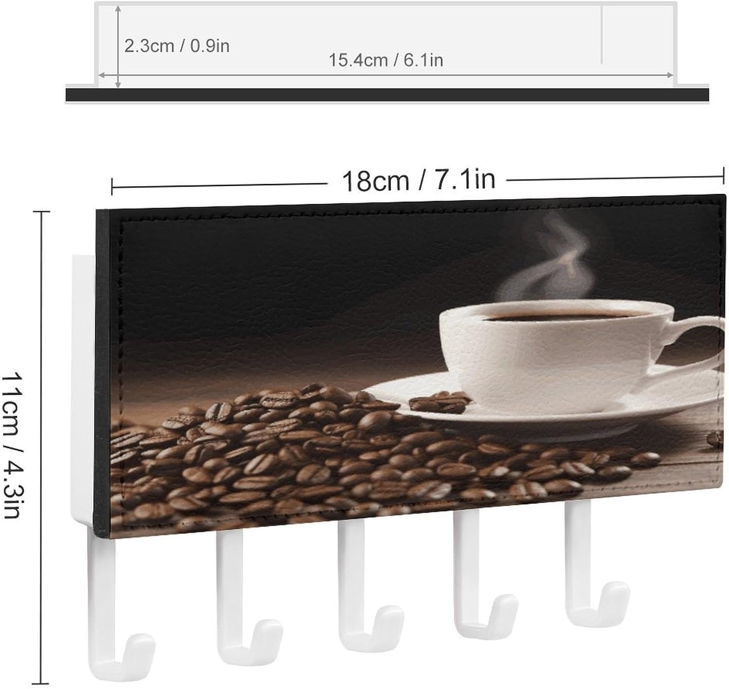 Coffee Cup and Coffee Bean Key Holder for Wall Mount Key Hooks Key Rack with Self Adhesive PU Key Hanger Personalized Key Organizer Rack with 5 Hooks for Hallway Door Entryway