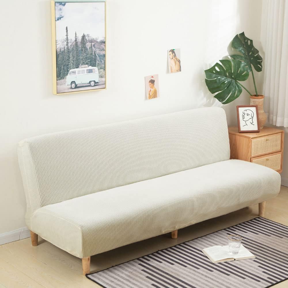 YOPOIY Spandex Small Checks Armless Sofa Slipcover Plush Futon Cover Stretch Futon Slipcover with Elastic Bottom Fitted Stay in Place -White-195-210CM