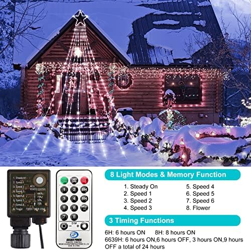 Heceltt Christmas Lights Outdoor, 352 LEDs Christmas Decorations Star String Lights with Topper Star 8 Modes Waterproof Waterfall Lights for Tree Yard Exterior Wall Housetop Window Decor(Cool White)