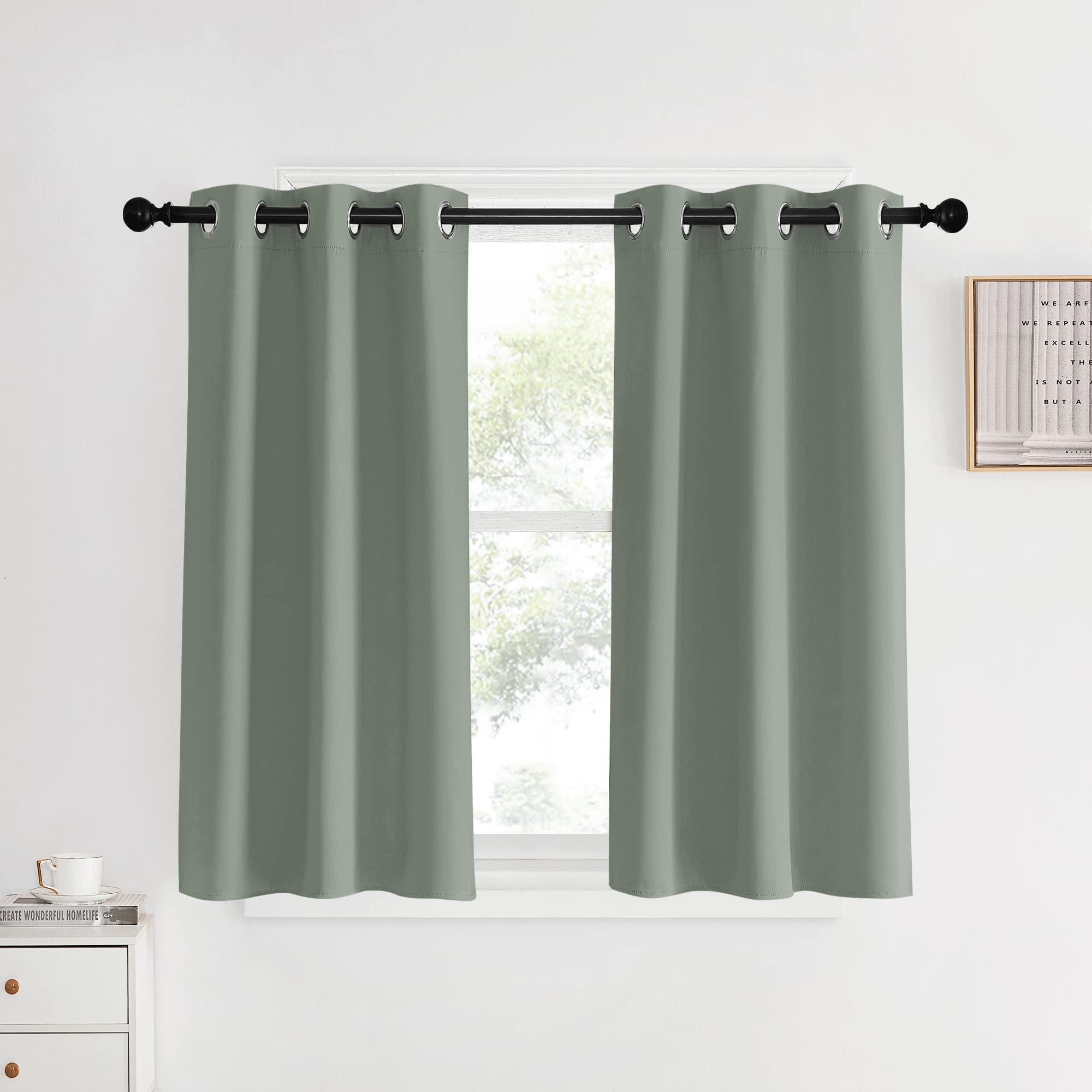 NICETOWN Bedroom Curtain Panels Blackout Draperies, Sage Green, 1 Pair, 34 by 40-inch, Thermal Insulated Solid Grommet Blackout Curtains/Drapes