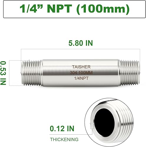 Miniatura 502 de TAISHER 2 accesorios de tubería de acero inoxidable, 1/2 "NPT x 1/2" NPT macho roscado, tubo fundido de pezón de 6 pulgadas de longitud 1.969 in
