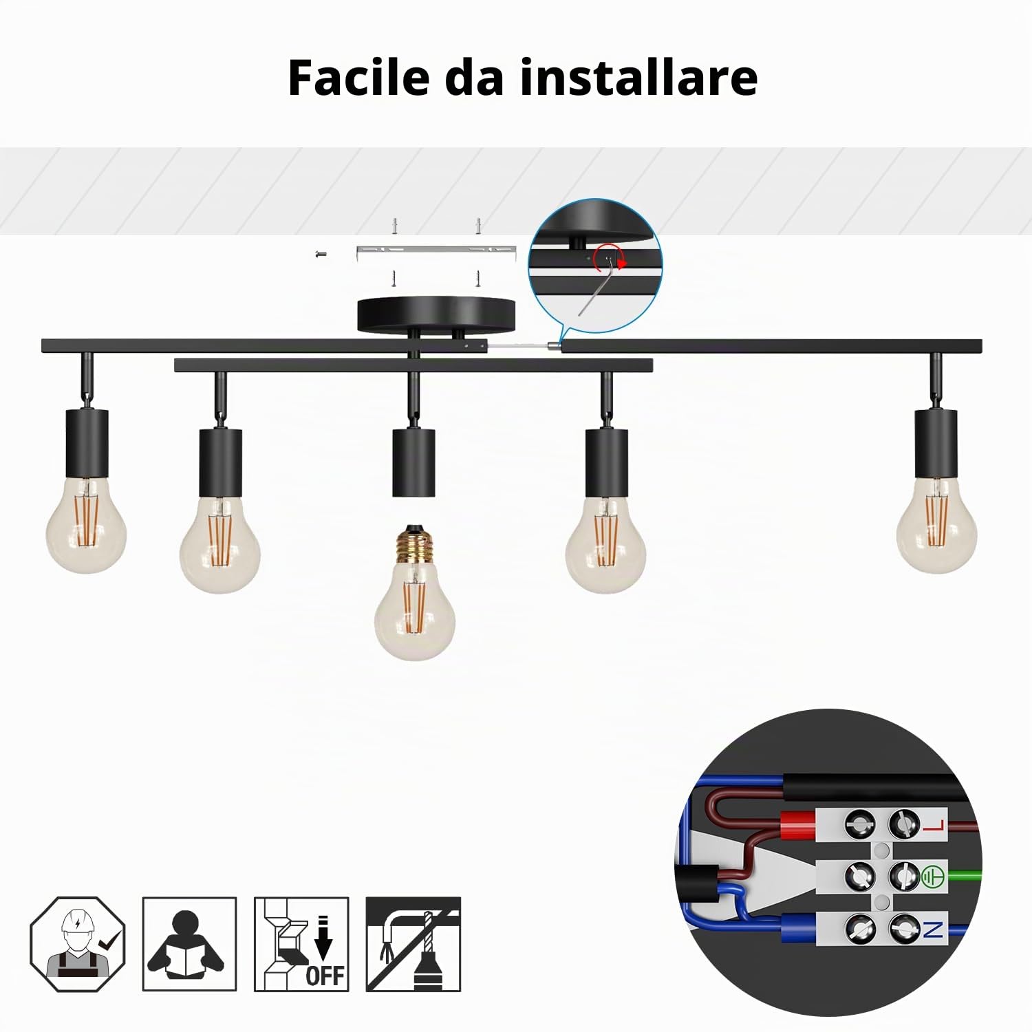 LVWIT Faretto LED Interno Nero, Lampadario Faretti con 5 Attacco E27, Faretti Soffitto Moderna, Faretti Orientabili per Barra, Salotto, Cameretta, Cucina,Corridoio Illuminazione (Senza Lampadina)