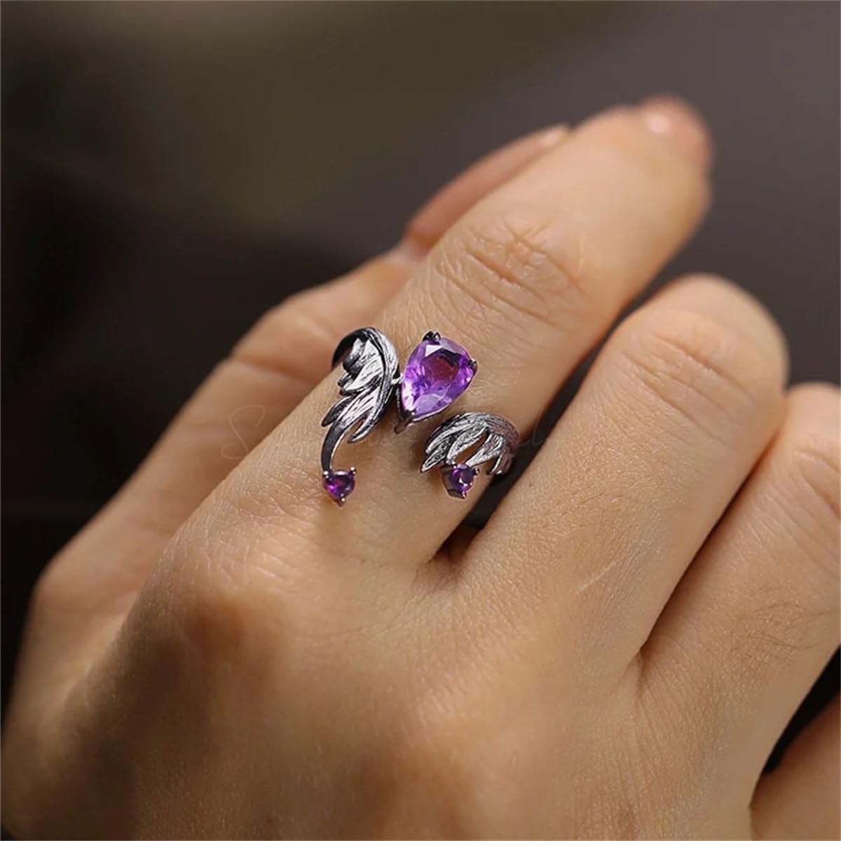 Punk Amethyst Teardrop Open Ring for Women Unisex Fashion Purple Crystal Black Fire Band Wrap Finger Rings Adjustable Comfort Fit Gothic Holiday Halloween Jewelry - Image 3