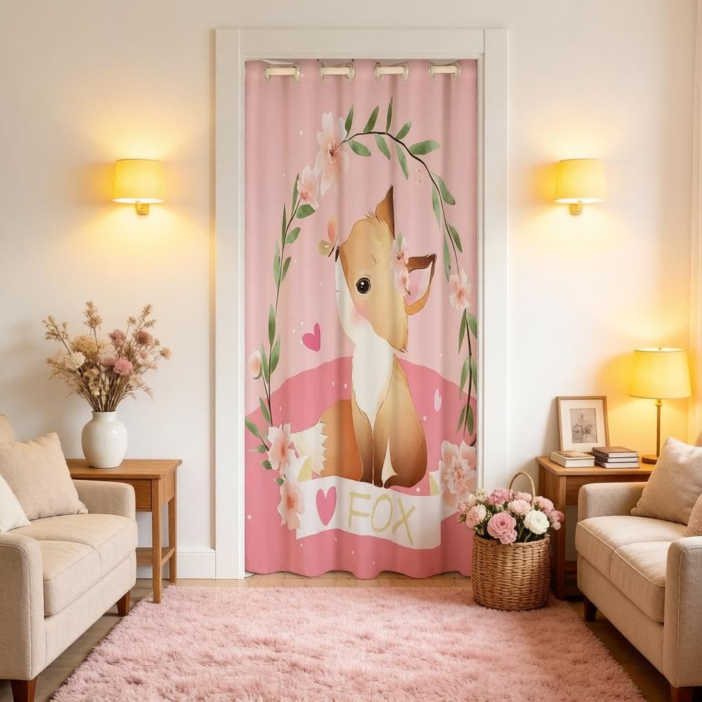 Loussiesd Cartoon Fox Door Curtain for Doorway Privacy - 86x203cm 1 Panel Cute Animals Closet Cover - Woodland Nature Wildlife Leaf Pink Green 30%-50% Room Darkening Blackout — image 1