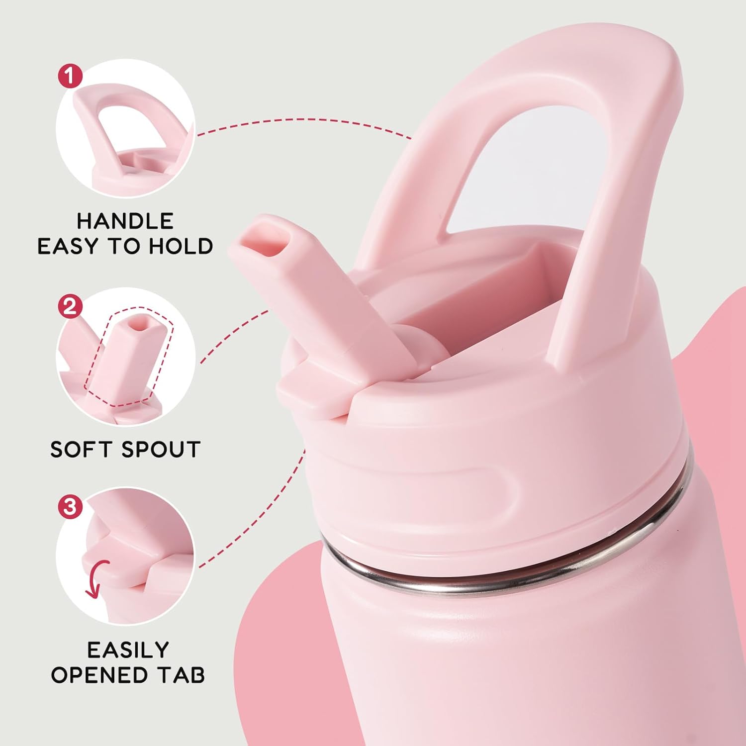 12oz Kids Water Bottle for School, Toddler Bottles with Straws, Stainless Steel Vacuum Insulated Water Bottle for Boys&Girls, Leak-Proof, BPA-Free, Cherry - Image 4