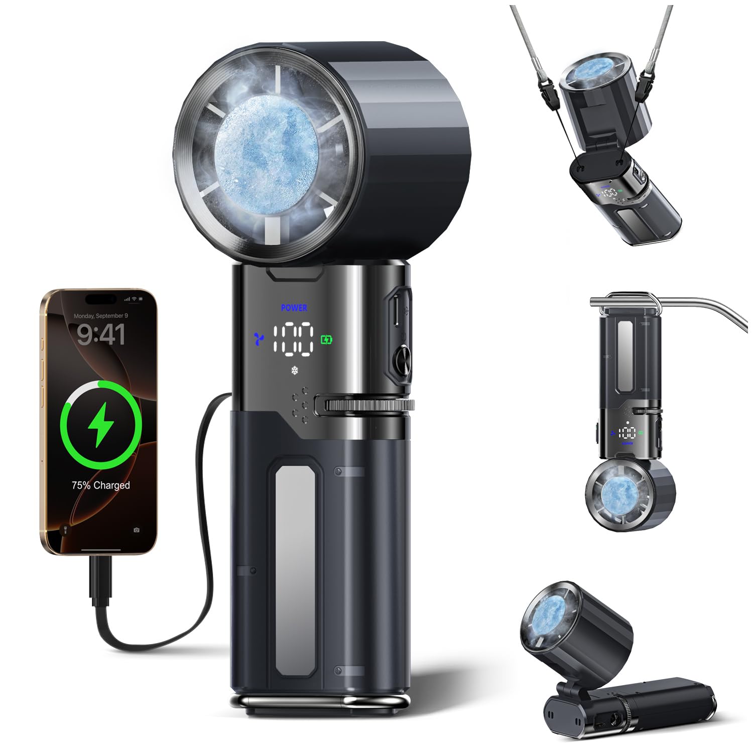 yAyusi Ventilatore Turbina Portatile, 9000 mAh Ventolatore Pieghevole Multifunzione con Raffreddamento Veloce e Ricarica, 100 Velocità, Cavo Type-C Integrato e Display LED, Ideale per Viaggi e Ufficio