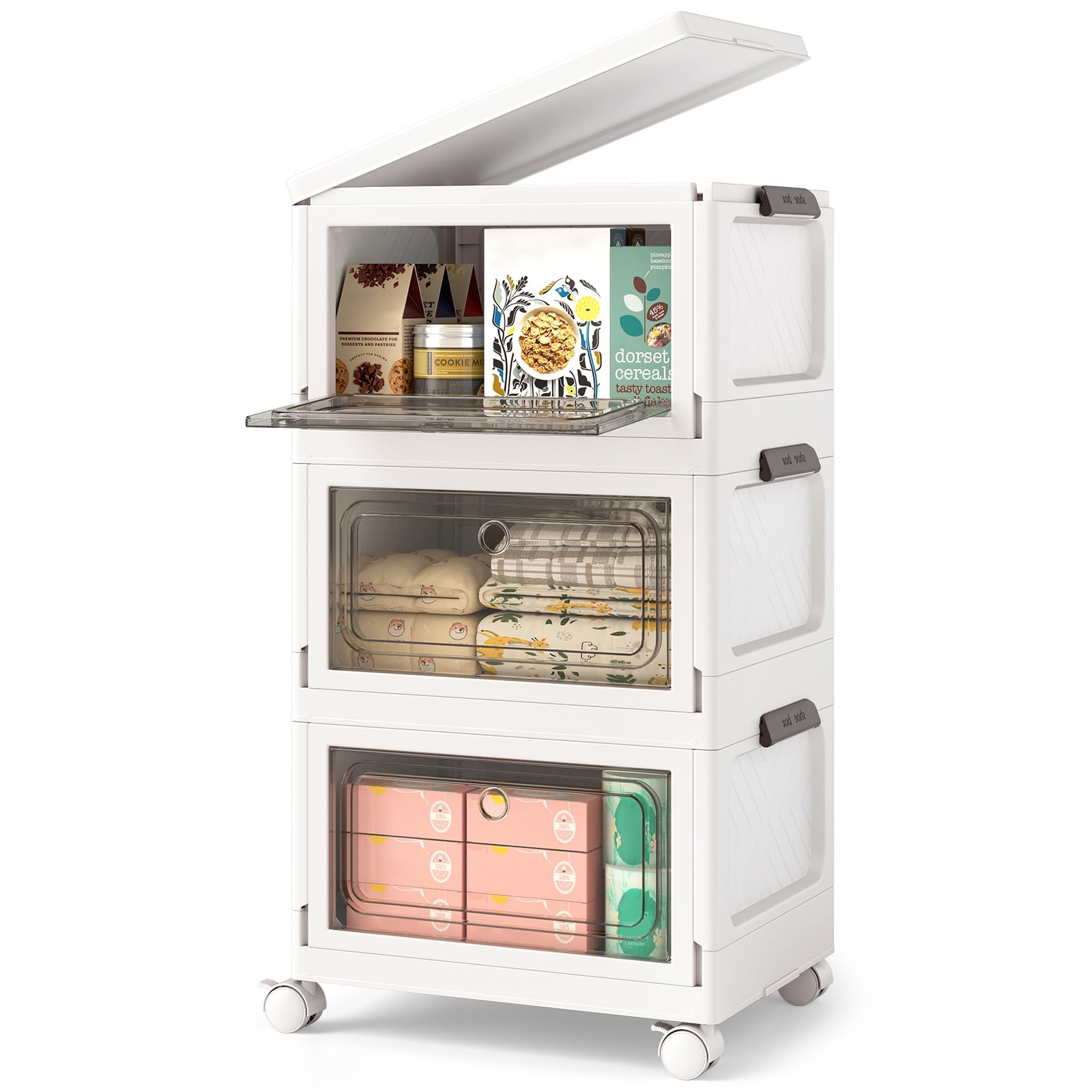 COSTWAY Boîtes Rangement Plastique 75/105 L, Caisses Pliables avec Roues, Porte et Couvercle, Poignée Anneaux, Porte Magnétique, Rangement Vetement, Livres, Jouets (75 L)