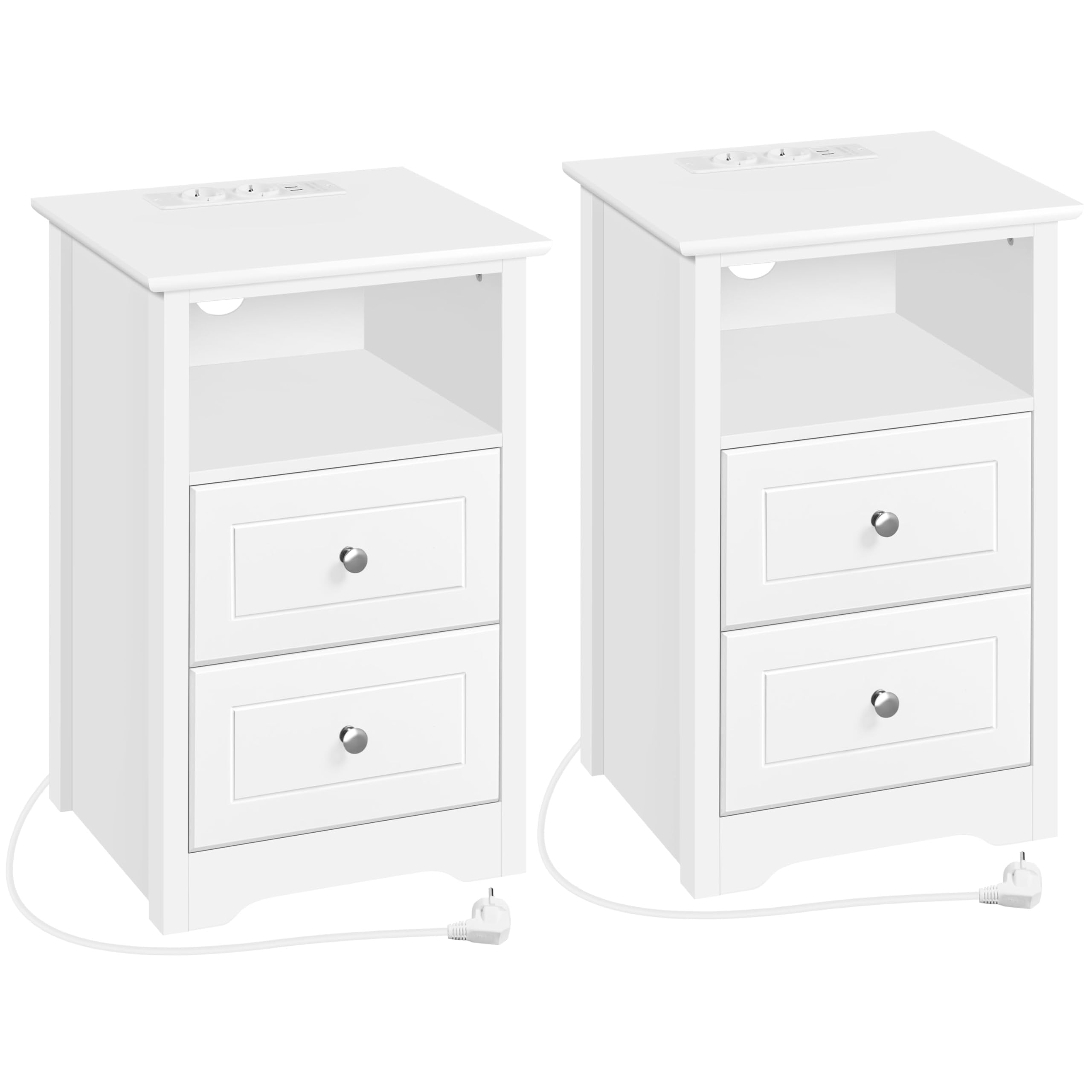 Yaheetech Comodino Camera da Letto con Stazione di Ricarica 2 Porte USB e 2 Prese AC Comodino Smart con 2 Cassetti e Scomparto Tavolino Laterale da Divano per Soggiorno (2)