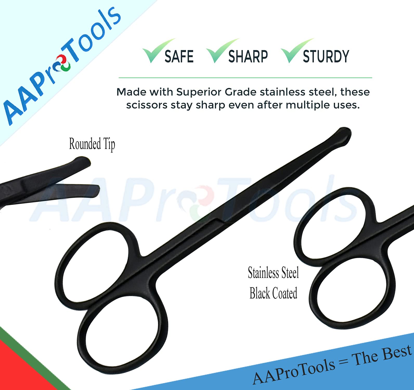 AAProTools 3 Pieces Nose Hair Scissors Rounded Tip Scissors Facial Hair Scissors Stainless Steel Blunt Tip Scissor for Eyebrows, Nose, Moustache, Beard, Grooming (Black)