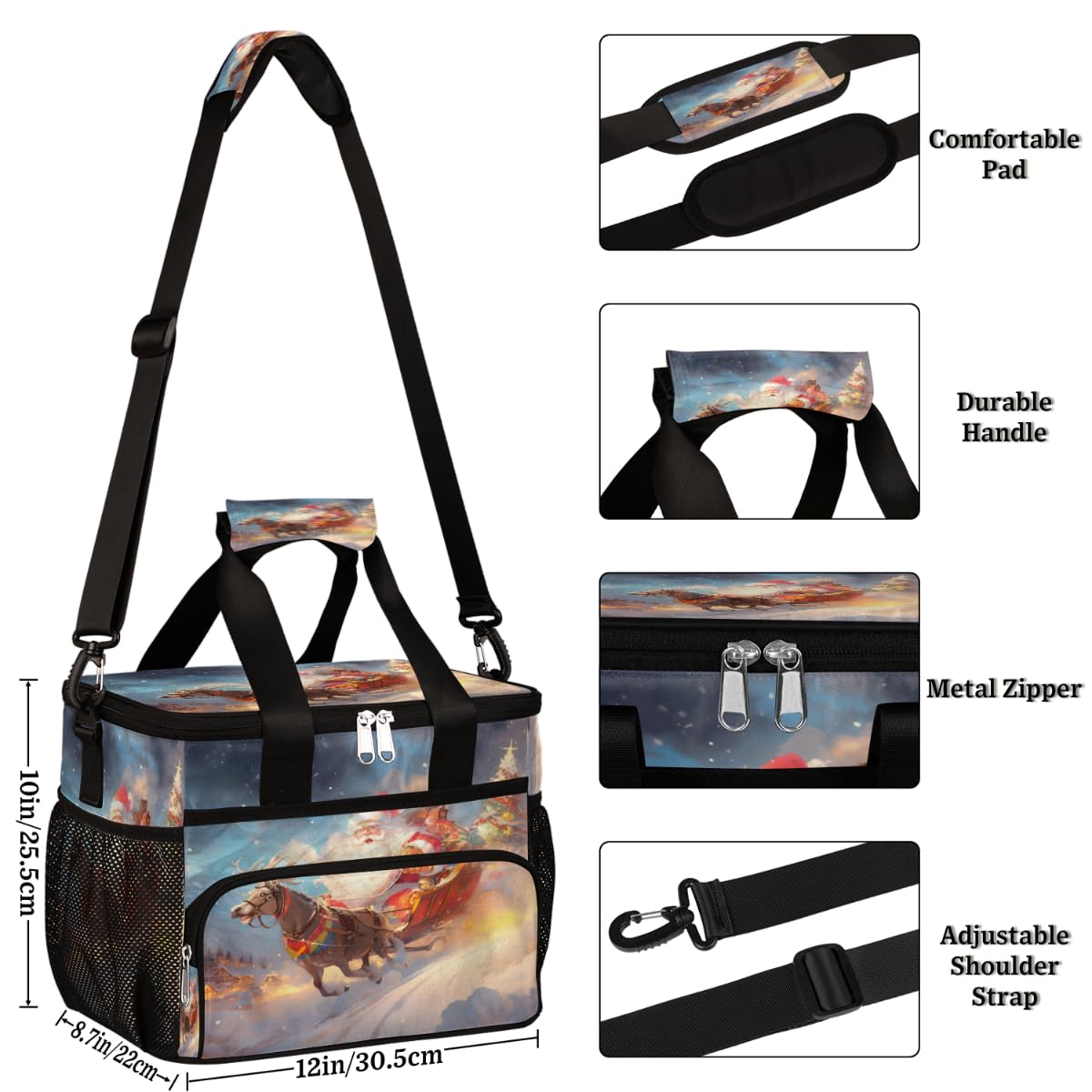 Insulated Picnic Backpack Lunch Box for Women Men Picnic Basket Tote Lunch Bag Picnic Bag Portable Lunch Bags for Picnic, Beach, Work, Trip,Office, Camp Santa Claus in The Snow