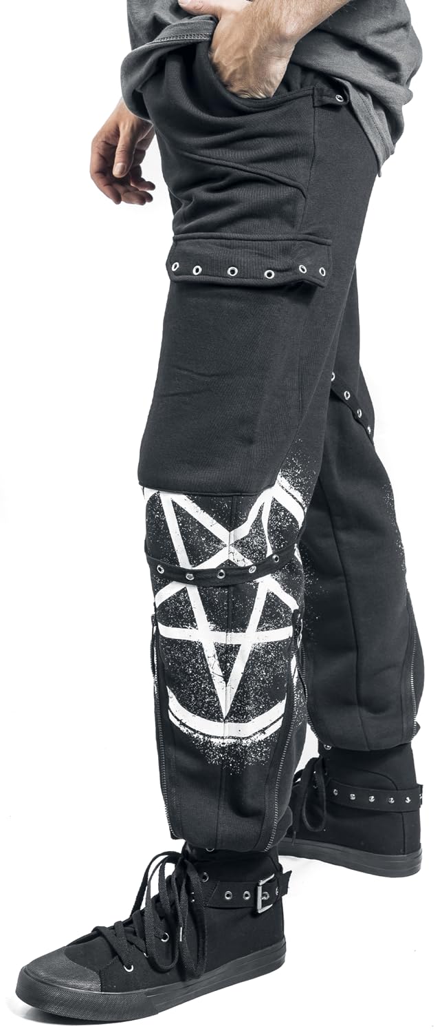 Gothicana by EMP Herren Schwarze lässige Hose mit Taschen, Riemen und Prints