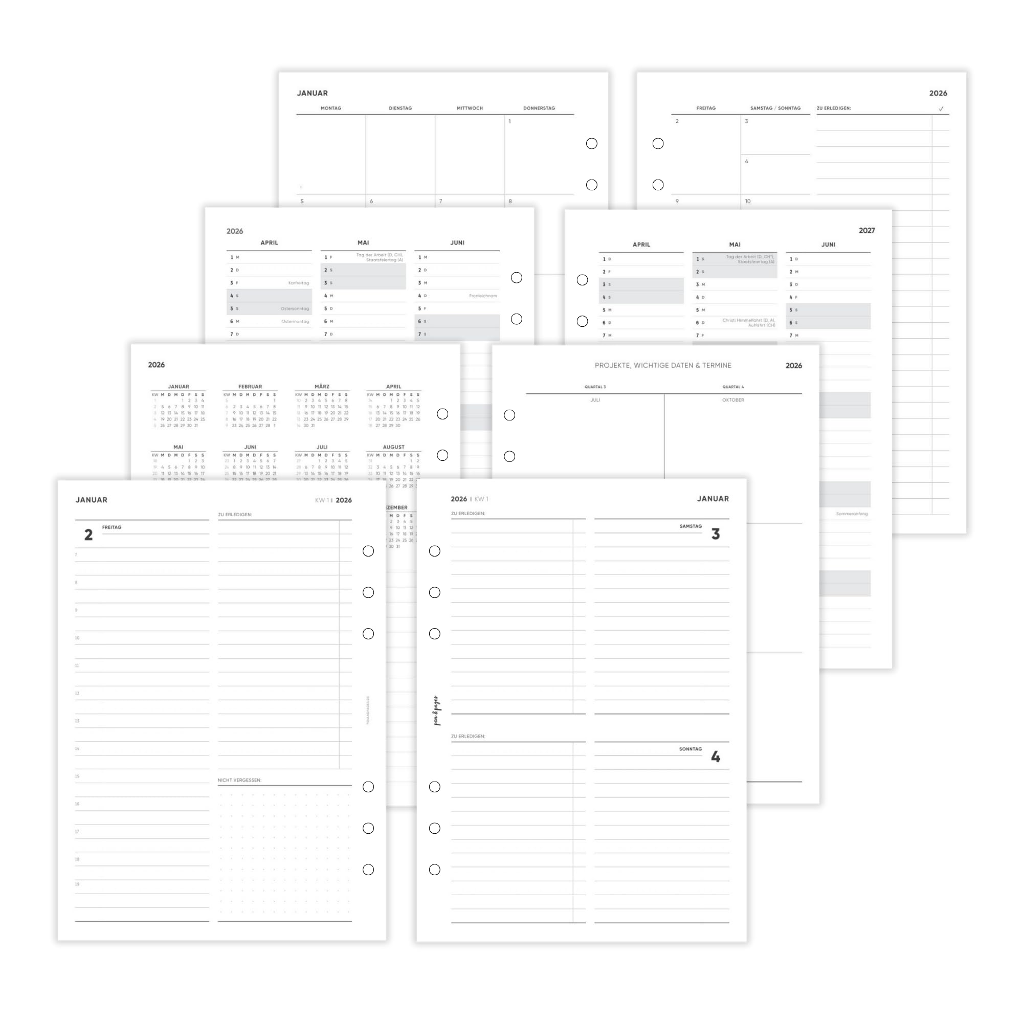 pen & pages® Kalender 2026 "Tagesplan" 1 Woche auf 2 Seiten DIN A5 Kalendereinlage für Ringbuch mit Monatsübersicht Jahresübersicht DACH Feiertagen 6 fach Lochung (All-in-One)