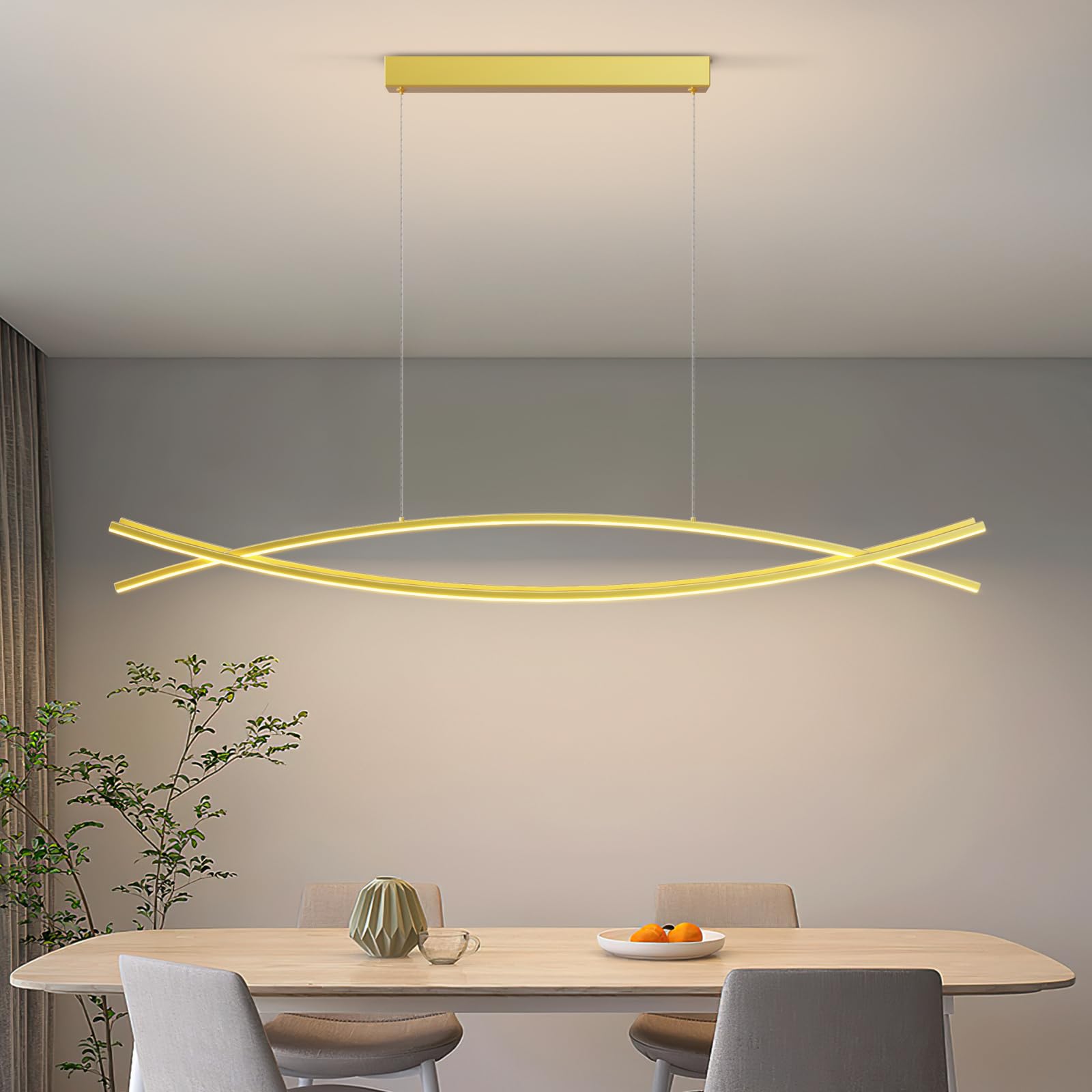 Modern LED Pendant Lights, 39in Gold Chandelier Dimmable with Remote Control 3000k-6000K Adjustable Color Temperature, Aluminum Island Lighting Lamp Fixture for Kitchen, Dining Room