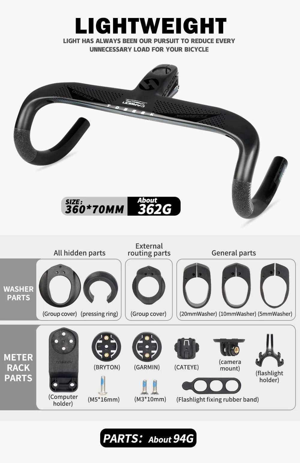 Manubrio per bici da strada in carbonio integrato, manubrio da corsa 360-440 mm, manubrio per bicicletta da strada con cavo interno, con supporto per computer per bici da strada (420 x 70 mm)