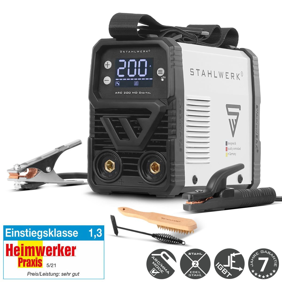 STAHLWERK Elektroden-Schweißgerät ARC 200 MD Digital – MMA (E-Hand) & Lift-TIG (DC) bis 200 A, flexibel einsetzbar ohne Gas, ARC-Force, Hotstart, Anti-Stick, Smartkühlung & Überhitzungsschutz