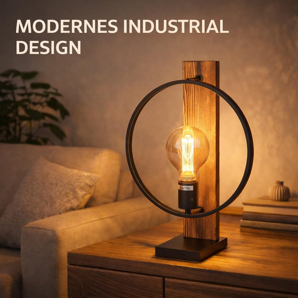 formano Lampa stołowa, industrialna, metalowa, drewniana, okrągła, 42 cm, z oprawką E27, nowoczesna lampa stołowa w stylu retro z drewnianą podstawą, dekoracyjna lampa vintage do salonu, sypialni i