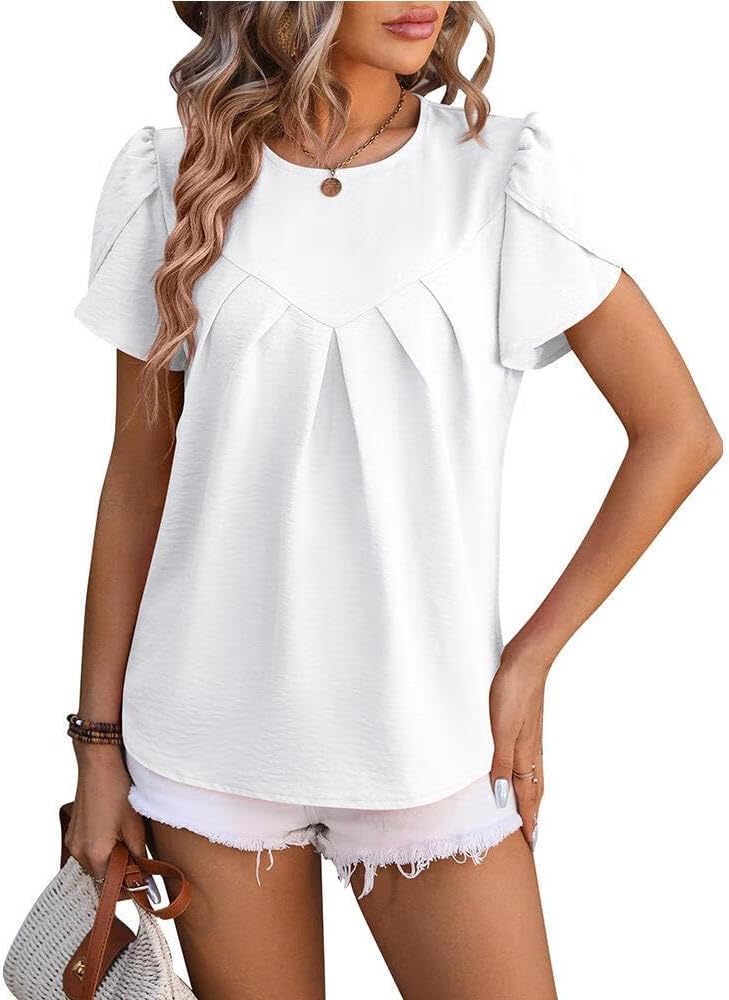 FMCHICO Womens Summer Pleated Keyhole Back Crewneck Casual Trendy Blouse Shirts Tops