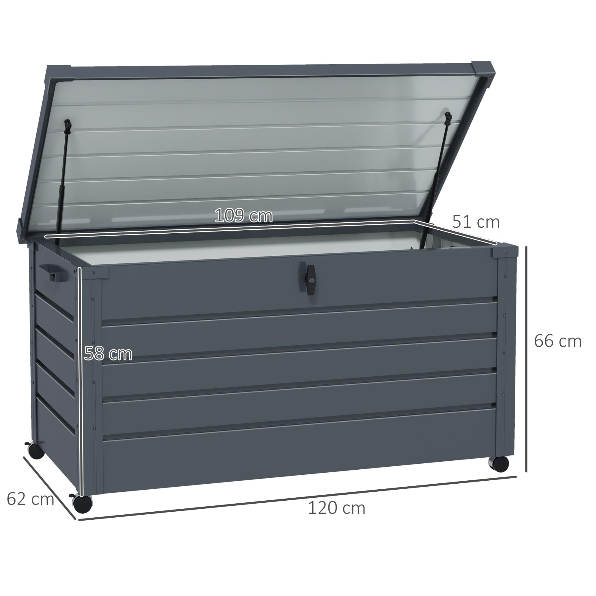 Outsunny Coffre de rangement extérieur 311L acier galvanisé roulettes vérin gaz poignée jardin 120x62x66 cm gris
