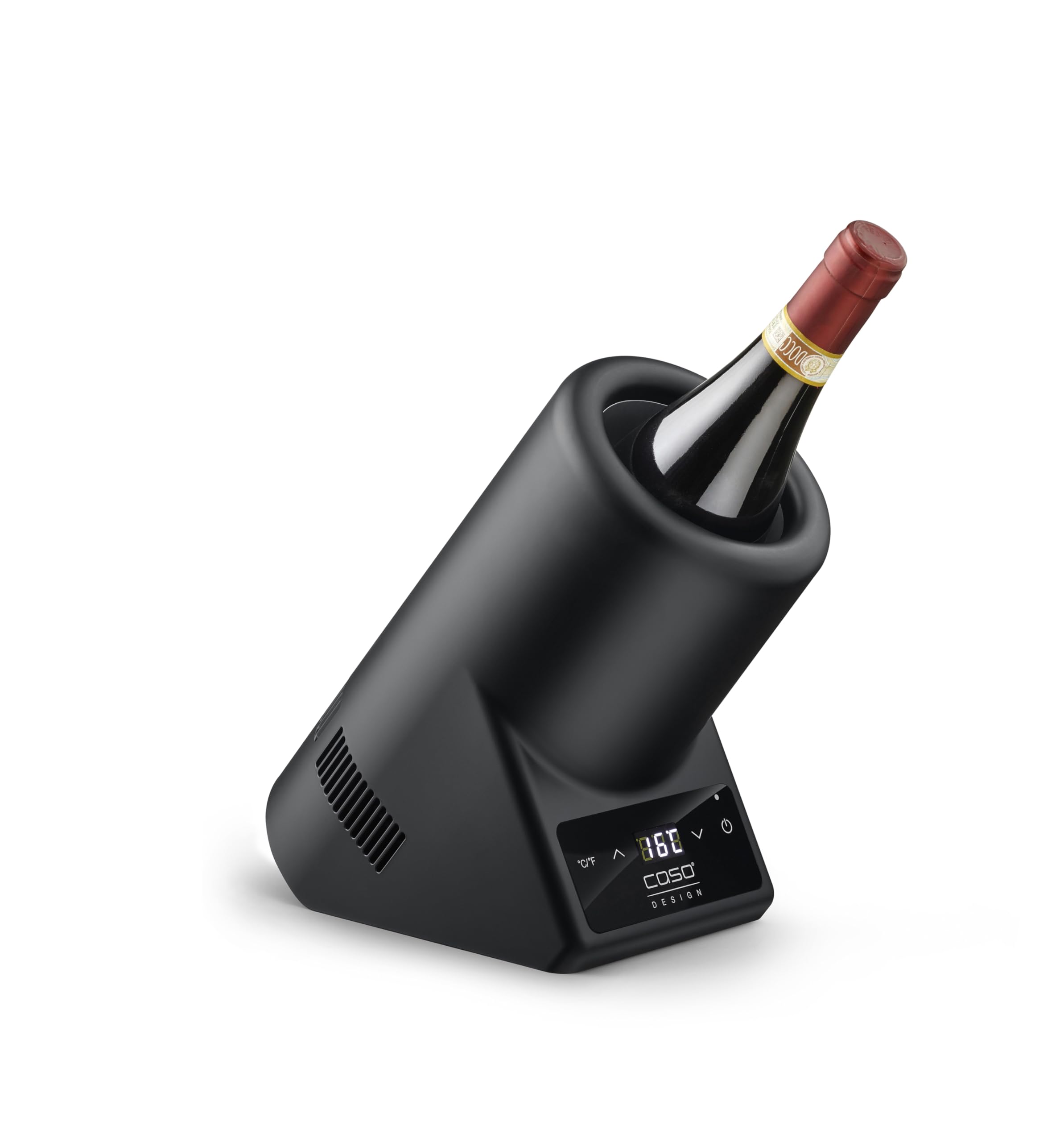 CASO VinoCase Black - Raffreddatore di vino, champagne, spumante dal design per una bottiglia, temperatura regolabile da 5 a 18 °C, adatto a bottiglie fino a 9 cm di diametro, touch, nero