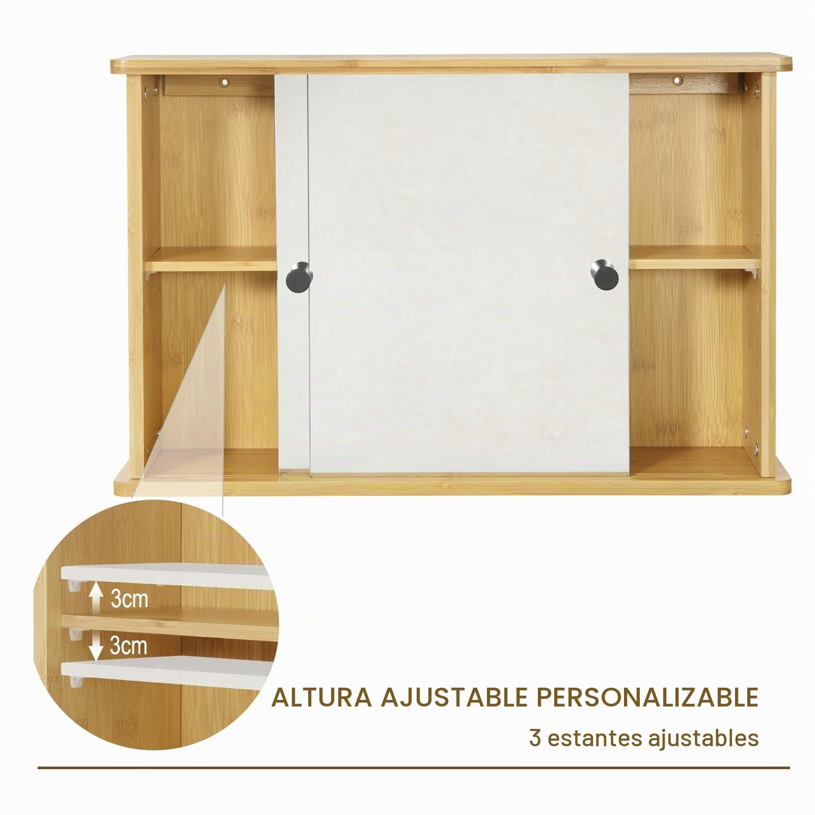EUGAD Armario de Pared para Baño con 2 Estantes Interiores, Mueble Baño de Bambú, con Espejo y Estante Ajustable para Almacenamiento, Cocina y Dormitorio, 55x14x35,5 cm