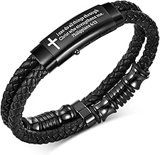 Men's Cross Bracelet Christian Gifts - Handsome Black Braided Leather Bracelet Engraved Bible Verse Inspirational Quote for Son Man Husband, Christmas Baptism Confirmation Religious Gifts for Men Boys