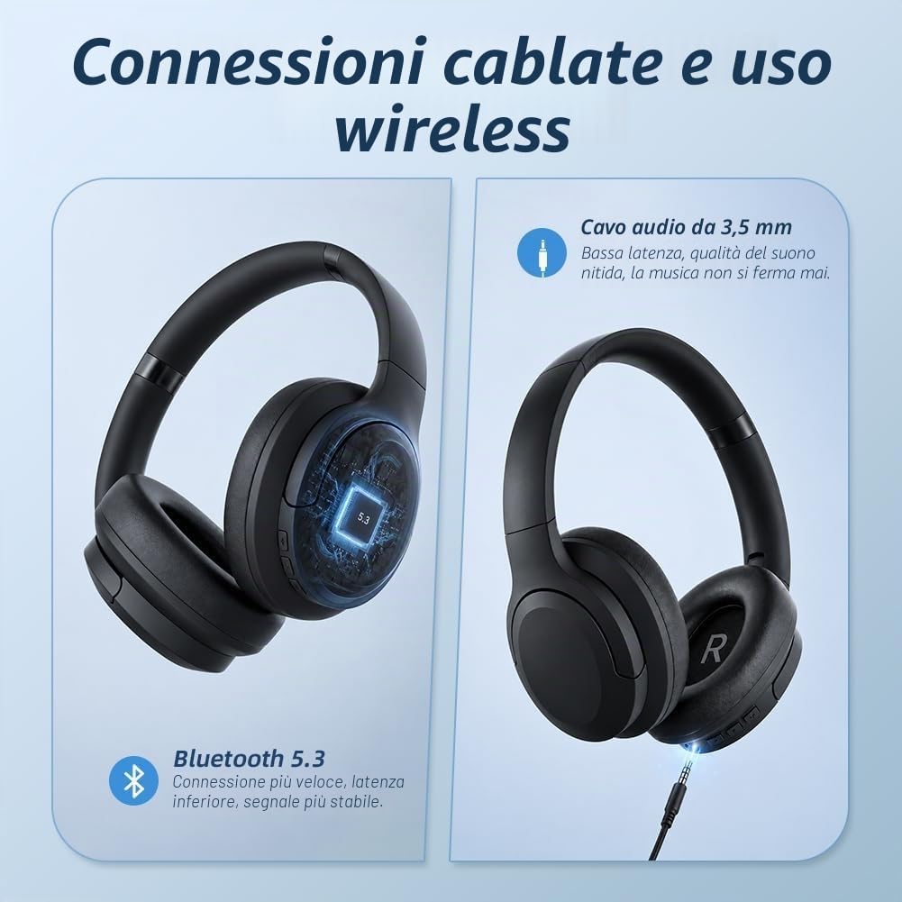 Cuffie wireless Bluetooth over-ear con cancellazione del rumore, autonomia ultra-lunga di 100 ore, cancellazione attiva del rumore, driver da 40 mm e design pieghevole