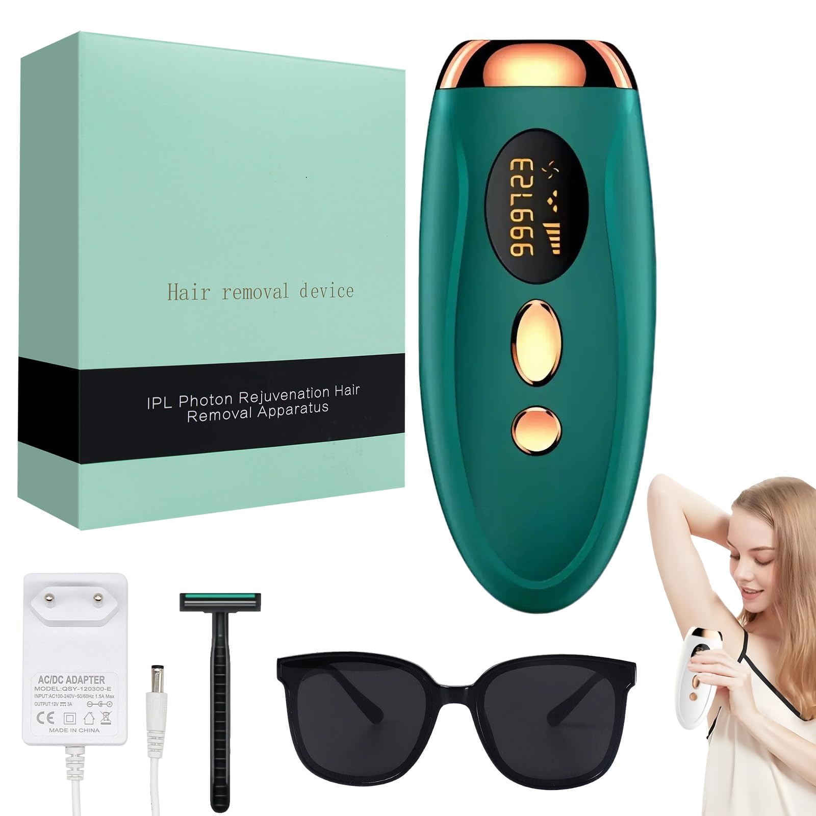 Depiladora Electrica, Depiladora Laser, Depiladora Laser IPL con Función de Enfriamiento, Depiladora indolora para cara, axilas, brazos, piernas y cuerpo (Verde)