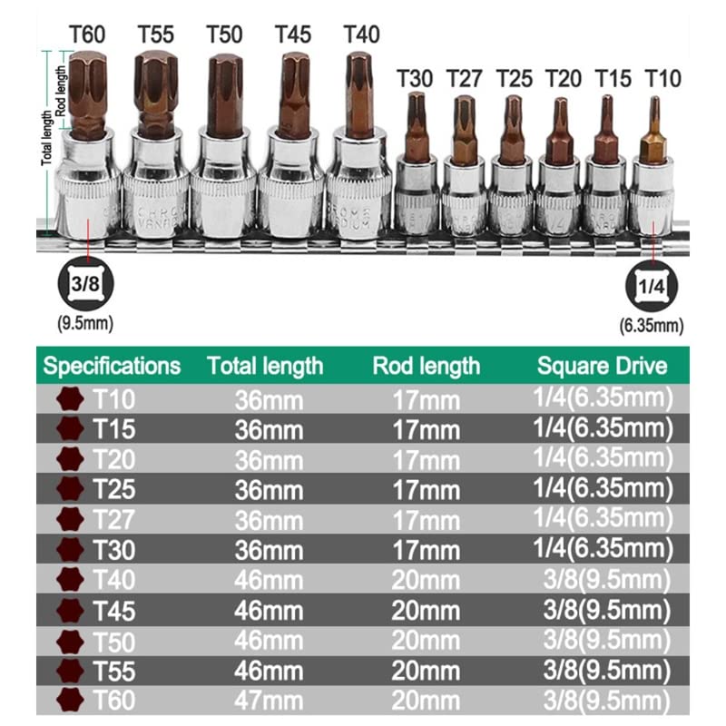 Bates Torx-Stecknuss-Set, 13-teilig, T10 Bis T60 – Für 1/4", 3/8" & 1/2" Antrieb, Manipulationssicher
