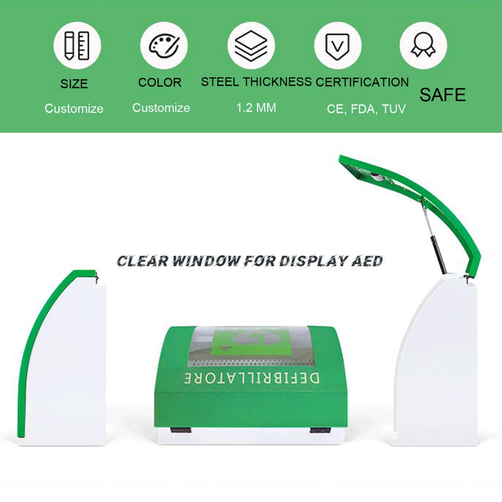 AED-Defibrillator-Aufbewahrungsschrank, gebogener AED-Schrank für den Innenbereich, Cardiac Defibrillator, Aufbewahrung aus Metall und PC-Glas mit Alarm für Zuhause, Schulen, Vereine und Gruppen