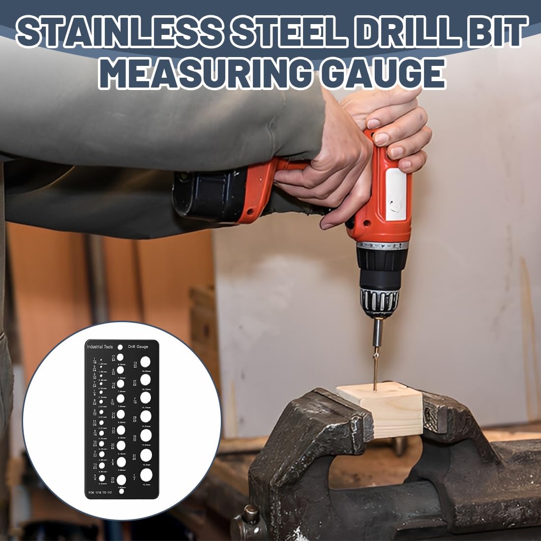 Calibro Punte Trapano 1/16–1/2 Pollice, Drill Gauge in Metallo Nero, Misuratore con Incrementi 1/64, Strumento Identificazione Punte per Officina Fai da Te