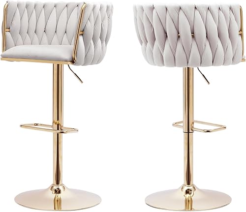 Juego de 2 taburetes de bar de terciopelo beige, modernas sillas giratorias ajustables con respaldo tejido, patas de metal dorado y base silla de