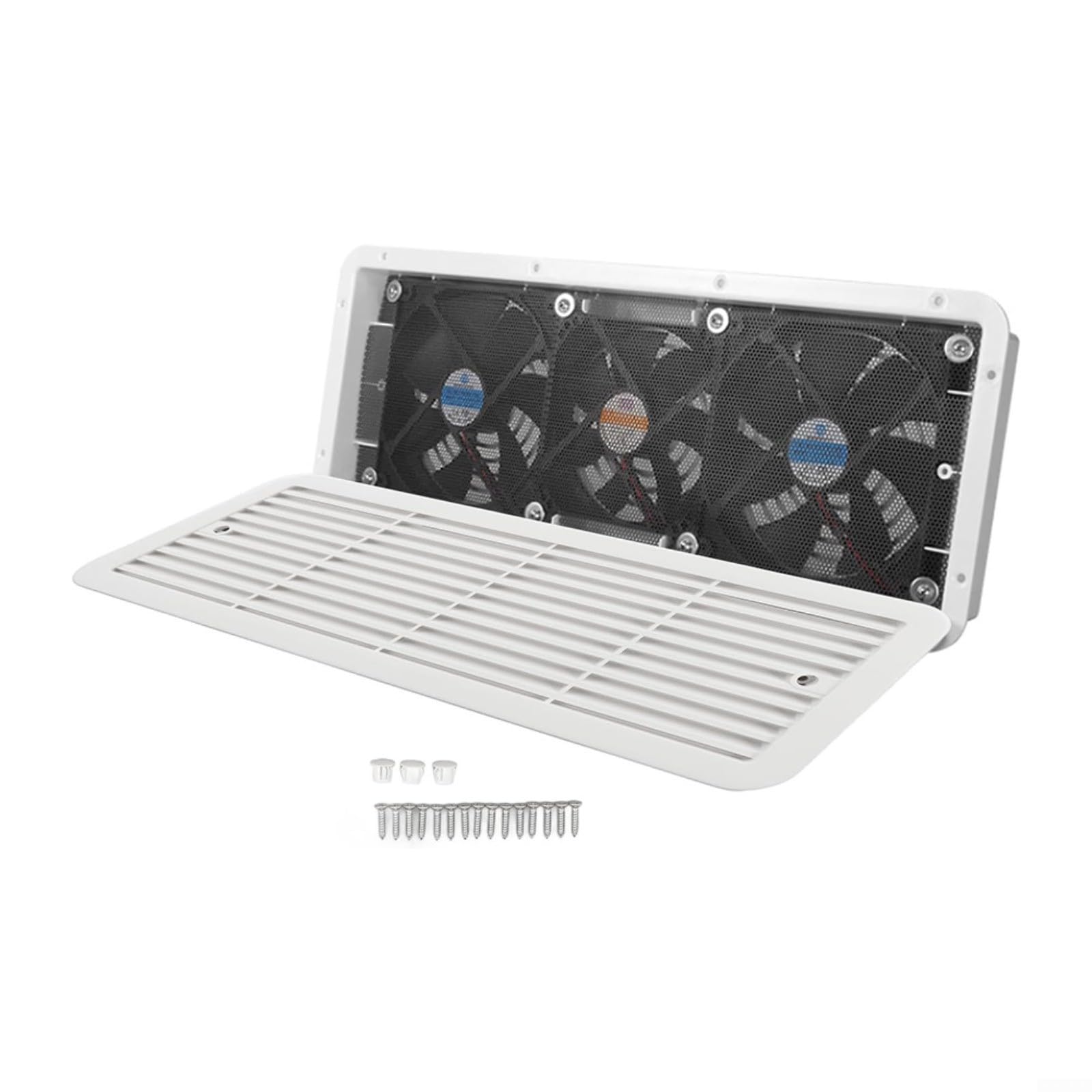 Ventilatore per frigorifero da 12 V, con griglia, 3 ventole in ABS, ventilazione laterale, resistente alle intemperie, silenzioso, per camper, doccia, cucina, magazzino, bianco, dimensioni