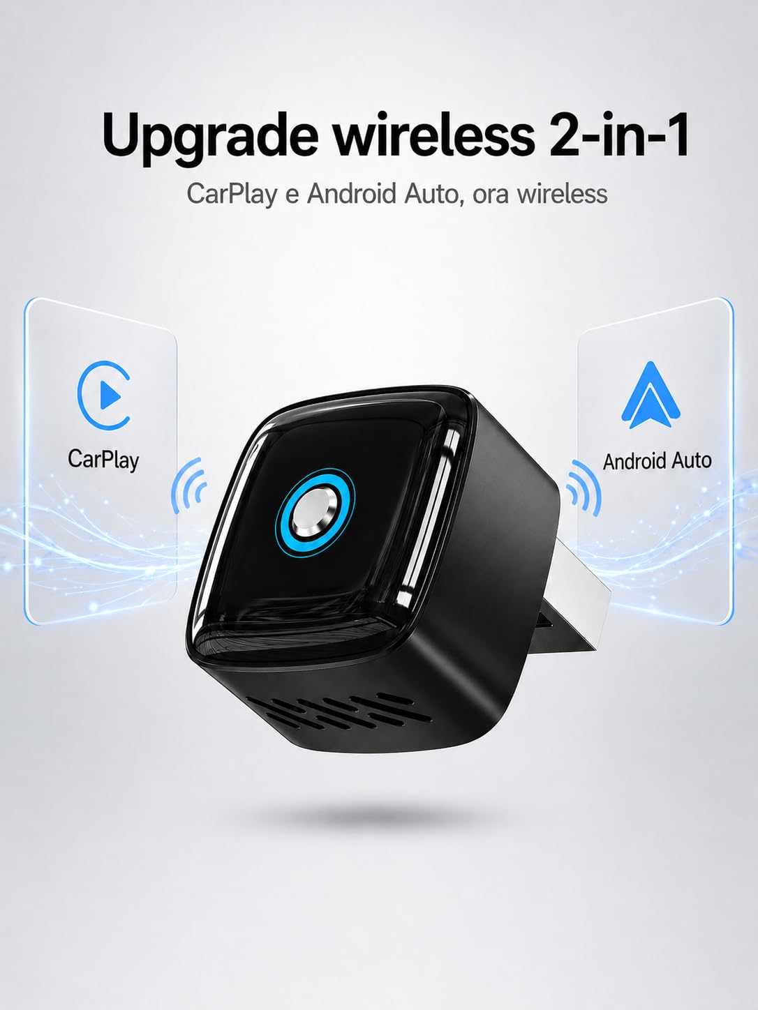 Adattatore Wireless CarPlay e Android Auto 2 in 1, Dongle Nero Ultra Mini con Pulsante Interruttore per 2 Dispositivi, WiFi 5,8 GHz, Plug & Play, USB-A/USB-C, OTA per Auto con CarPlay/Android Auto
