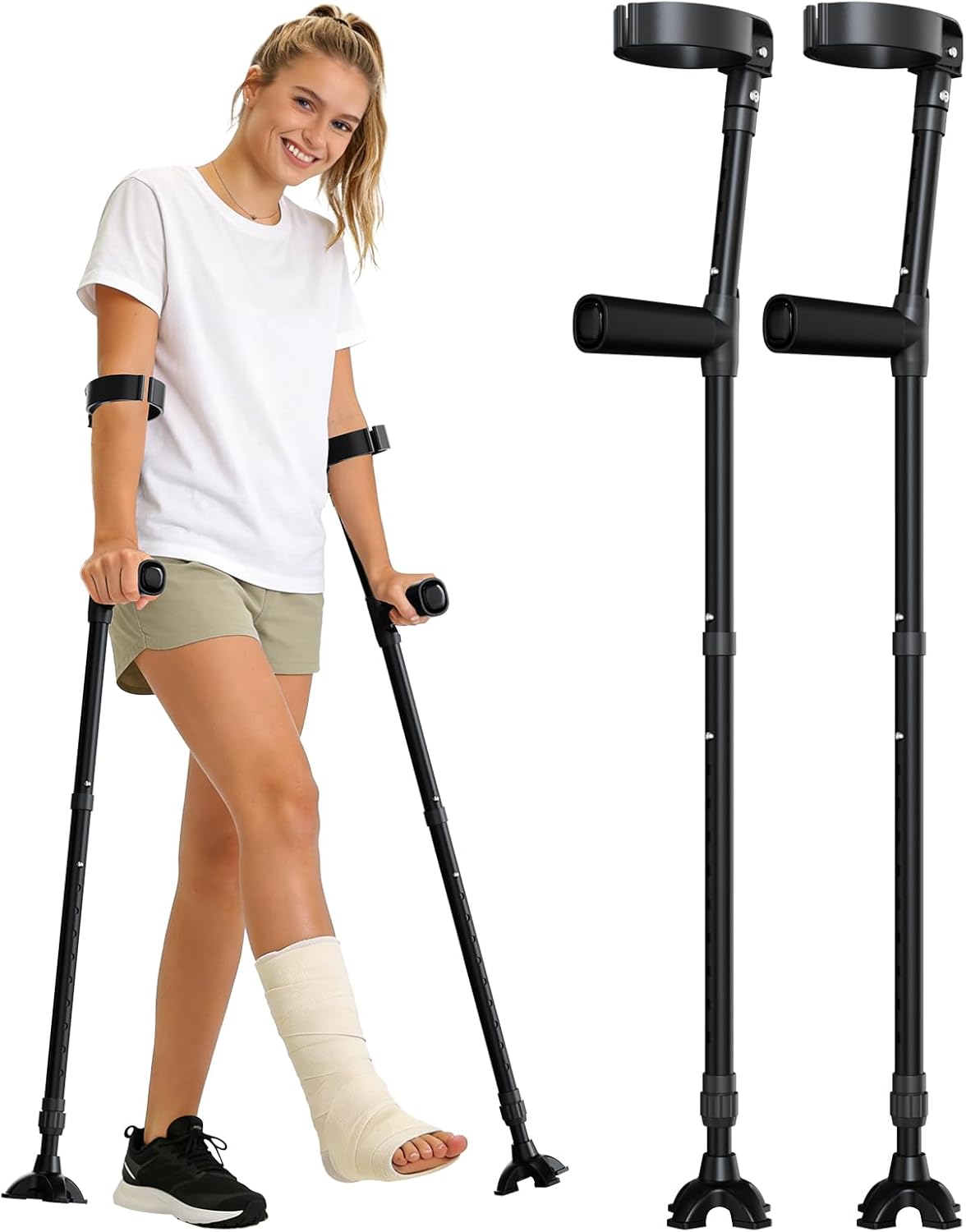 Crutches for Adults, Forearm Crutches for Walking with Crutch Pads,15-Level Adjustable Height (Size Tall 37.2''-50.2''), 90° Reversible Armrest Crutches, Replace Four Corner Base, Black,1 Pair
