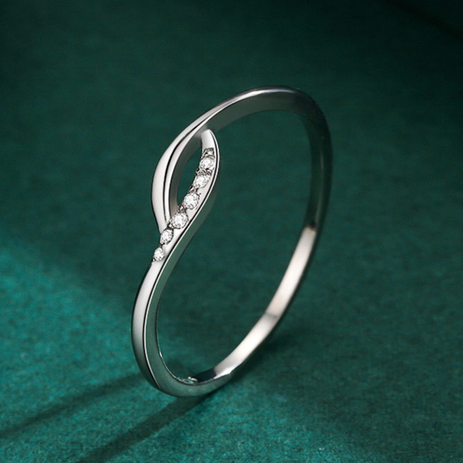 Bague Or Blanc Femme 9/14/18 carats, Anneau Empilable Vague Orné de Diamant, Bague Fine Or Véritable