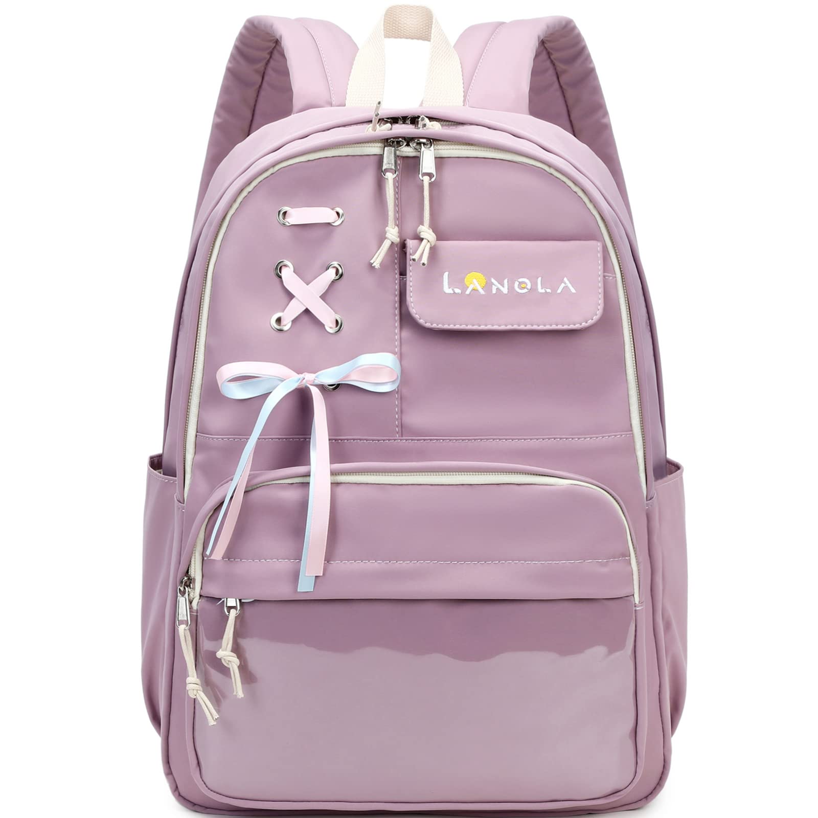 Lanola Teen Girl School Backpack Casual Daypack Bookbag Elementary College Travel Backpack with Cute Ribbon for Girls