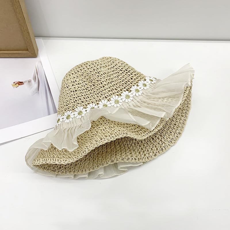 Sombrero de Paja para Mujer,ala Ancha,Plegable,para Playa,con Tul Floral,para Viajes,Vacaciones de Verano,Suave,Ligero y Transpirable