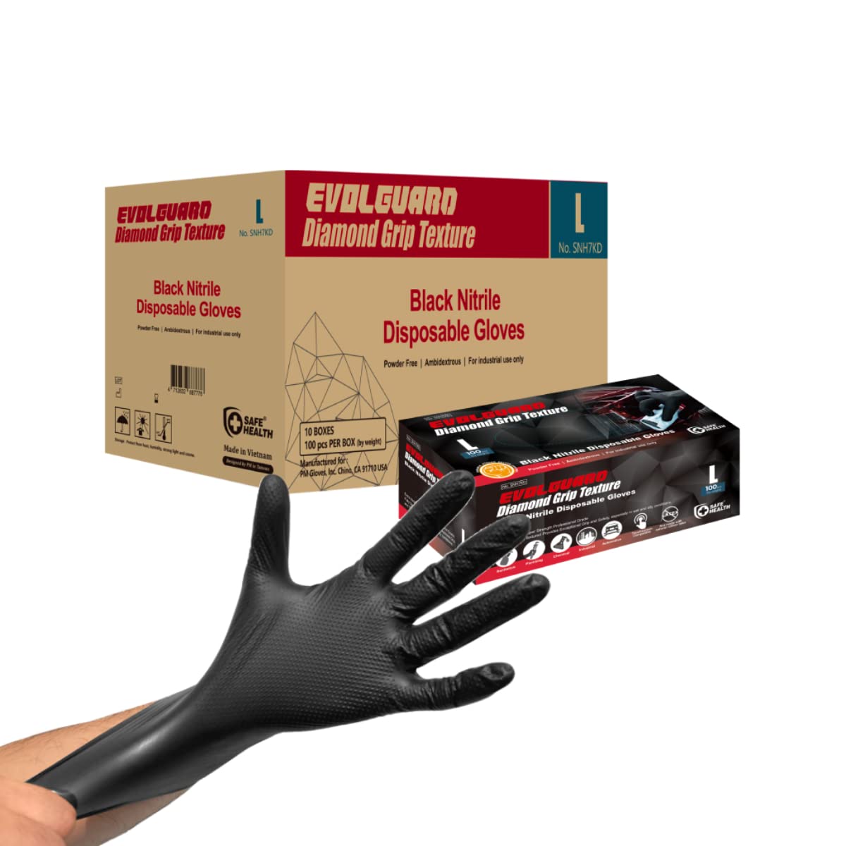 Safe Health Guantes Desechables de Nitrilo Negro Talla L, 5.5 Mil Alta Resistencia con Textura de Diamante, 1000 unidades, Sin polvo Sin látex, Resistente al Aceite, Auto, Mecánico, Mantenimiento