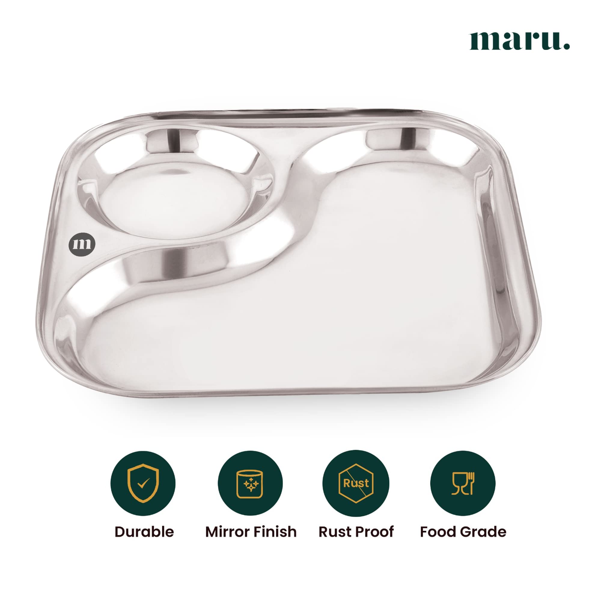 MARU Small Stainless Steel Snacks Plates with Compartments Set of 6, Durable Thali with 2-in-1 Compartment Section, Ideal for Breakfast, Snacks & Small Meals. 3