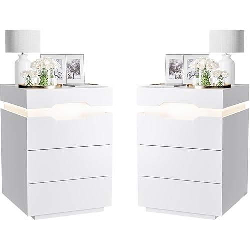 YESHOMY LED Nightstand Set of 2 with Charging Station, 3 Drawers for Bedroom, Large Capacity, 27.5" Height, White
