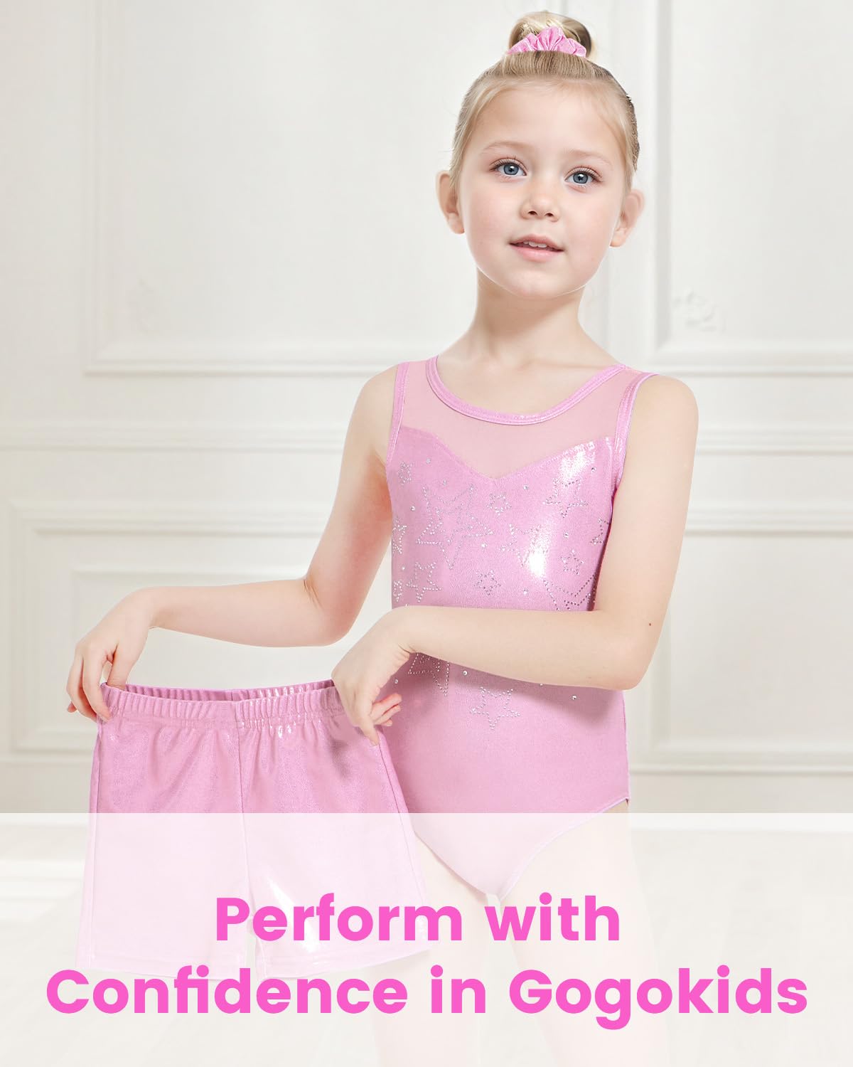 Gogokids Mädchen ärmellos Strass Gymnastik Set, 3-teiliges Kinder Leotard mit Shorts & Haarband, Mesh-eingesetzter Ausschnitt Gymnastikanzug Mädchen Set im Alter 3-12, Ideal als Geschenk für Gymnastik