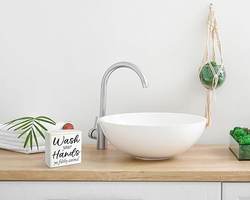 Miniatura 4 de Pigort Letrero artístico con texto en inglés Wash Your Hands Ya Filthy Animal de 4 x 4 x 1.8 pulgadas, divertido letrero artístico para el hogar,