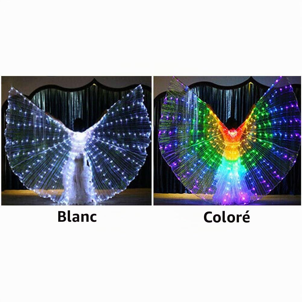 QOTSTEOS Ailes LED pour adultes, Ailes en Forme de Papillon LED Isis Wings Glow Light Up Belly Danse Costumes, Adultes Ailes d'Isis LED Danse Pratique Objets de Scène avec Bâtons et Sac(Blanc)