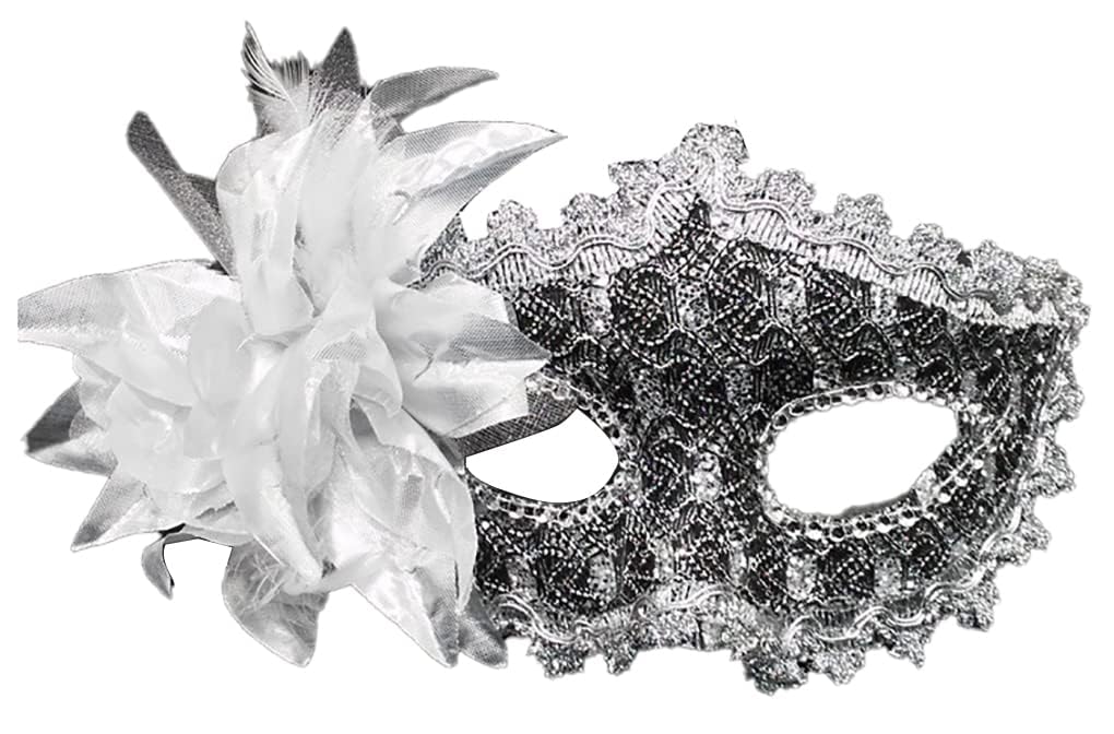 AZYOUNG Women’s Side Flower Multicolor Lace Covered Half Face Crown Masquerade Mask (Silver) — image 1