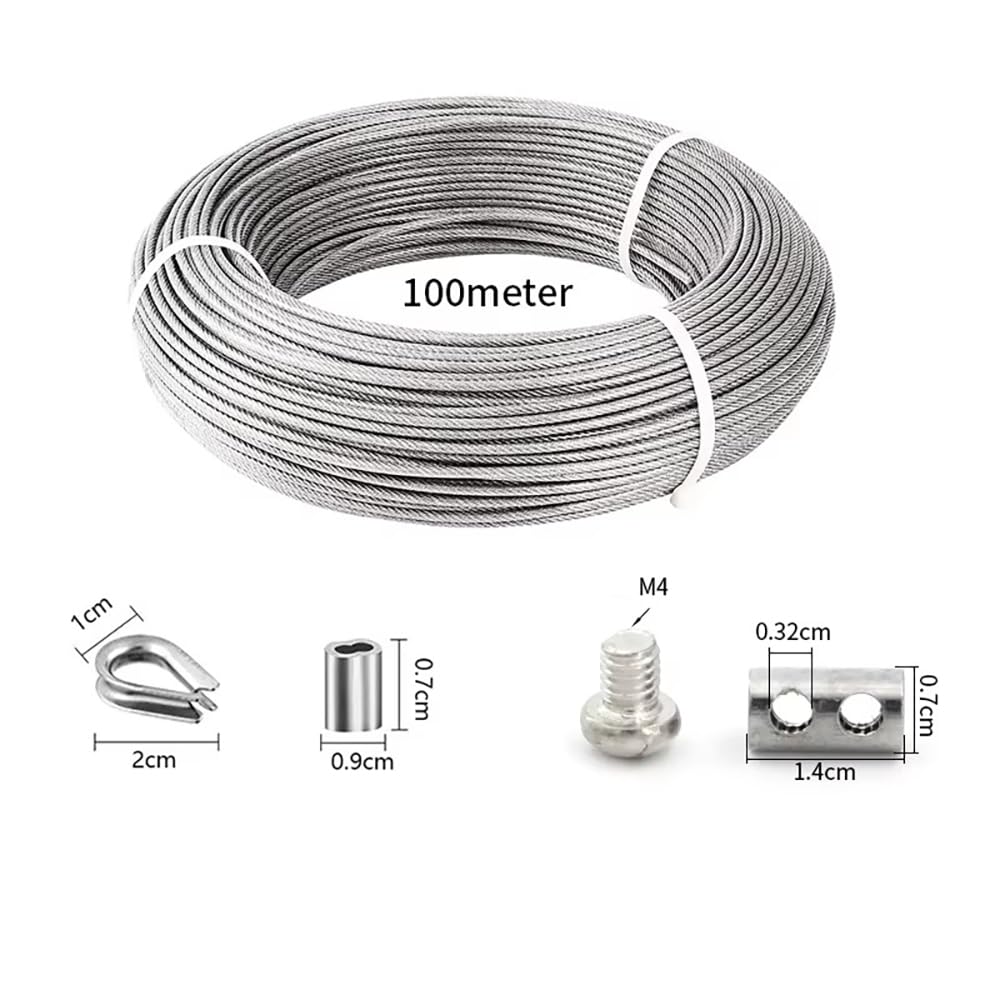 NEWFUN 100M Cable Acero, Cable Acero 3mm, Cable de Acero Inoxidable con Manguito de Engarce y Guardacabos Para Tensar Vallas, Cables de Suspensión de Lámparas de Exterior, Cables para Cortinas